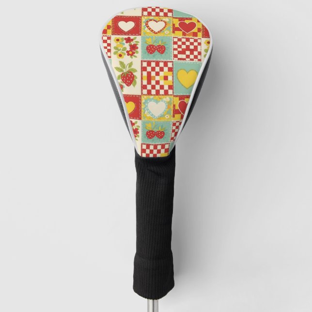 Retro Strawberry Patchwork Floral Pattern Golf Head Cover (Front)