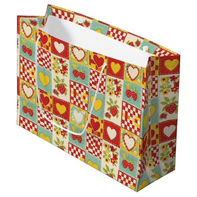Retro Strawberry Patchwork Floral Pattern Large Gift Bag (Front Angled)