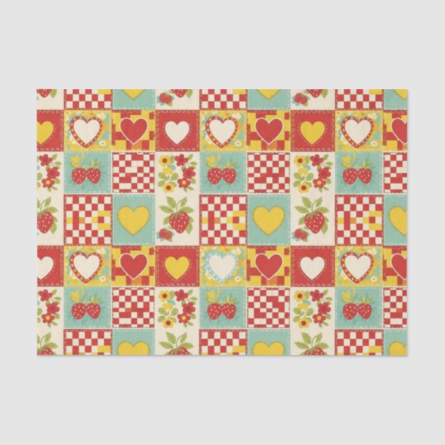 Retro Strawberry Patchwork Floral Pattern Tissue Paper (Front)