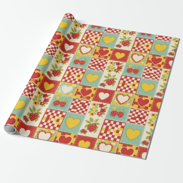 Retro Strawberry Patchwork Floral Pattern Wrapping Paper (Unrolled)