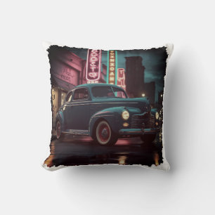 Retro Street Scene Art 1940s Classic Car Cushion