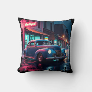 Retro Street Scene Art Vintage 1940s Classic Car Cushion