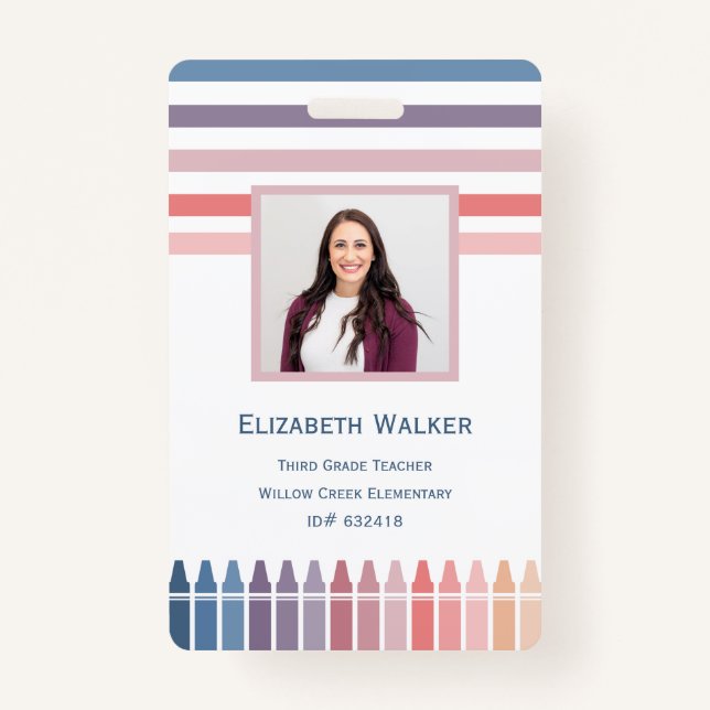 Retro Stripe Crayon Teacher Employee ID Badge (Front)