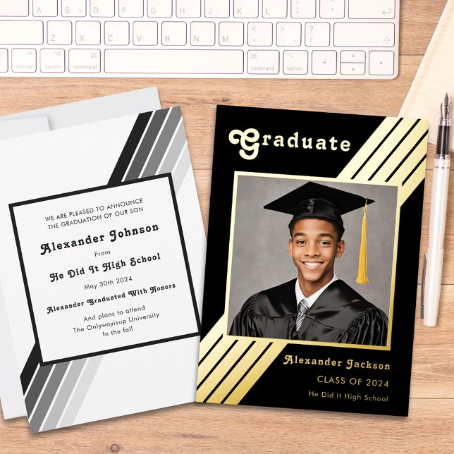 Retro Stripe Grad Photo Black and Gold Graduation (Retro stripe stylish black and gold grad photo high school graduation announcement )