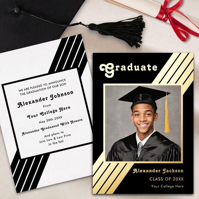 Retro Stripe Graduate Photo Black and Gold (Retro black and gold foil stripes graduate photo groovy typography Graduation announcement card)