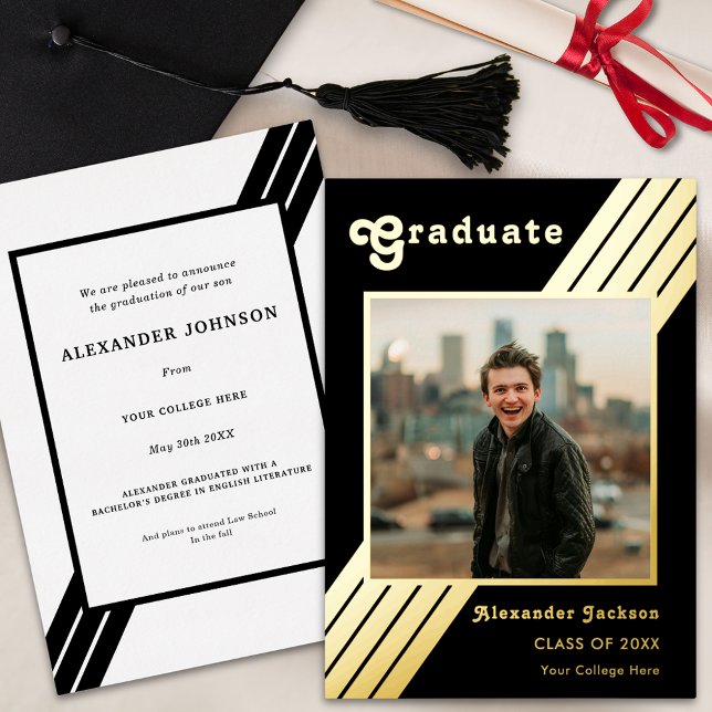 Retro Stripe Graduate Photo Black and Gold (Retro groovy typography graduate photo black and gold foil bold stripes Graduation announcement card)