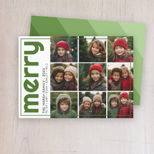 Retro Stripe - merry - 9 Photo monochromatic green Holiday Card