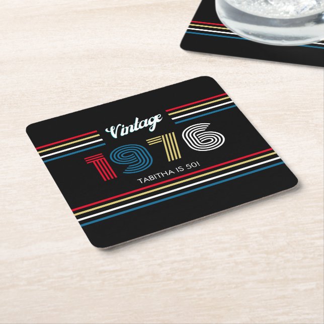 Retro Stripe Numerals Colourful 1976 Paper Coaster (Angled)