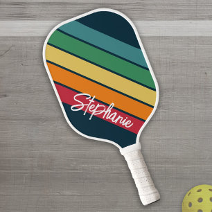 Retro stripe pattern rainbow - Script Name Pickleball Paddle