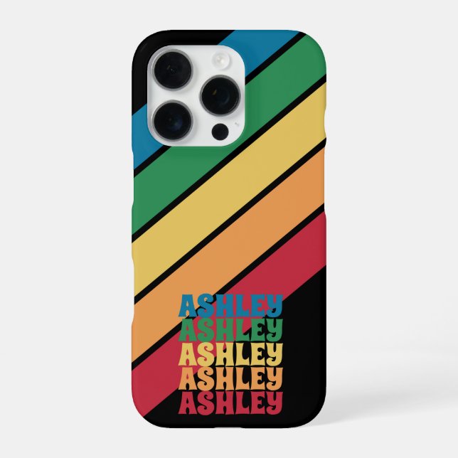 Retro Stripe Pattern Rainbow Stacked Name iPhone Case (Back)