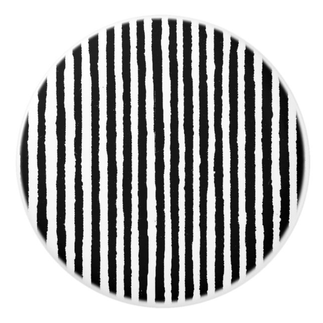 Retro Stripe Pattern Vertical Black and White BW Ceramic Knob (Front)