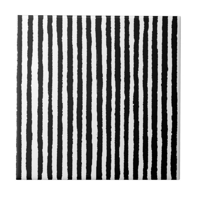 Retro Stripe Pattern Vertical Black and White BW Ceramic Tile (Front)