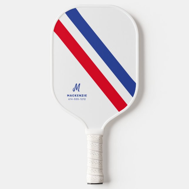 Retro Stripe Red White and Blue Monogrammed Pickleball Paddle (Front)