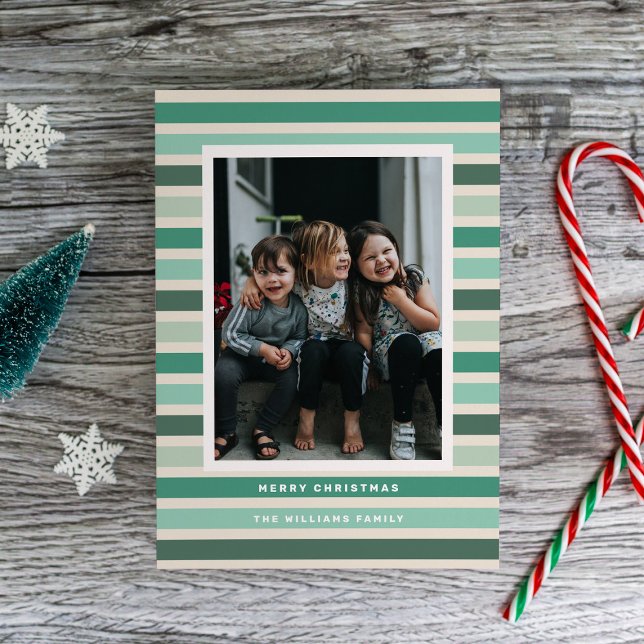 Retro Stripe Shades of Green Photo Christmas  Holiday Card (Creator Uploaded)