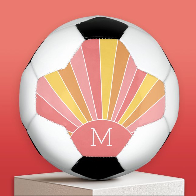 Retro stripe sunrise - pastel coral pink monogram soccer ball (Custom Soccer Ball)