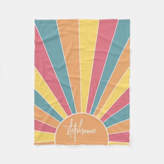 Retro stripe sunrise - pastel rainbow script name fleece blanket (Front)