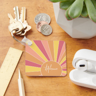 Retro stripe sunrise - pastel rainbow script name key ring