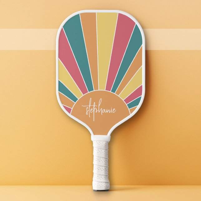 Retro stripe sunrise - pastel rainbow script name pickleball paddle (Custom Pickleball Paddle)
