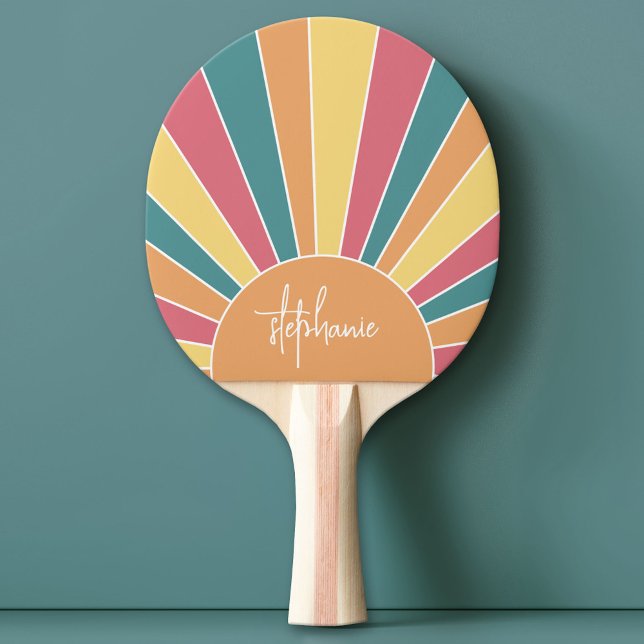 Retro stripe sunrise - pastel rainbow script name ping pong paddle (Custom Ping Pong Paddle)