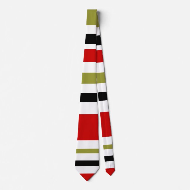 retro stripe tie  in red, black, olive and white (Front)