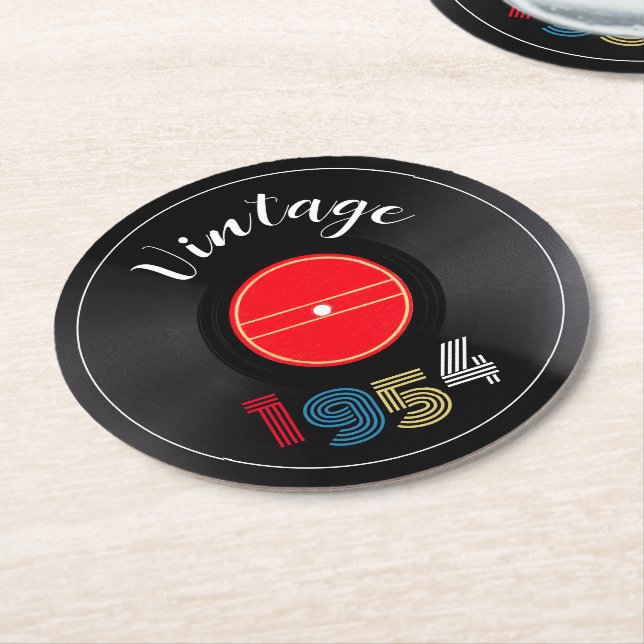 Retro Stripe Vinyl Record 1954 70th Birthday  Round Paper Coaster (Angled)