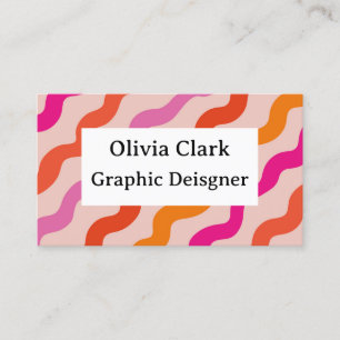 Retro Striped Abstract Waves Pink Red Custom  Business Card
