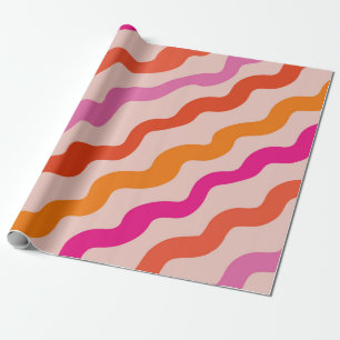 Retro Striped Abstract Waves Pink Red Orange Wrapping Paper
