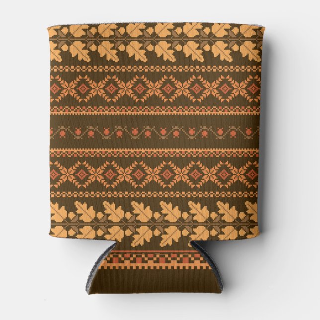 Retro Striped Autumn Cross-Stitch Can Cooler (Front)
