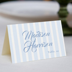 Retro Striped Blue Wedding Name Place Card DIY