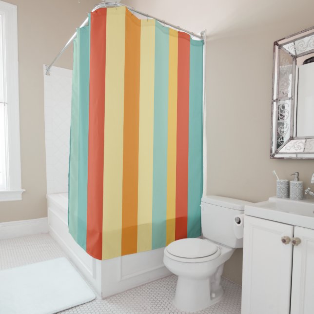 Retro striped colour pattern shower curtain (In Situ)