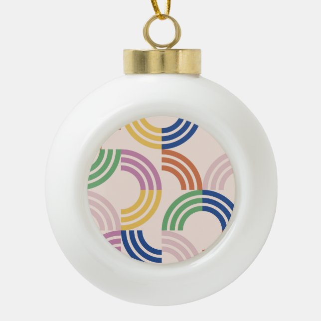 Retro Striped Curves Geometric Background Ceramic Ball Christmas Ornament (Front)