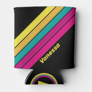 Retro Striped Dark 80s with Name Can Cooler