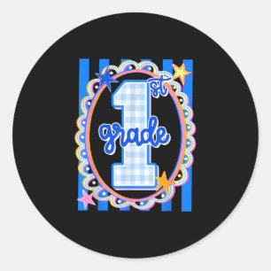 Retro striped first grade teacher 1st grade back classic round sticker