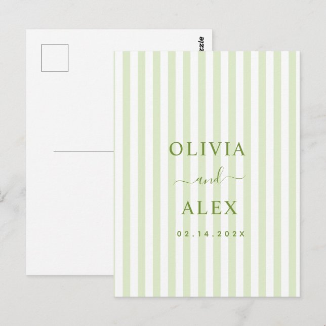 Retro Striped Green Personalised Wedding  Postcard (Front/Back)