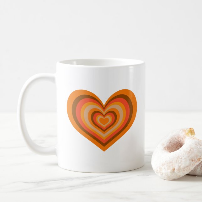 Retro Striped Heart Mug - Orange on White (With Donut)