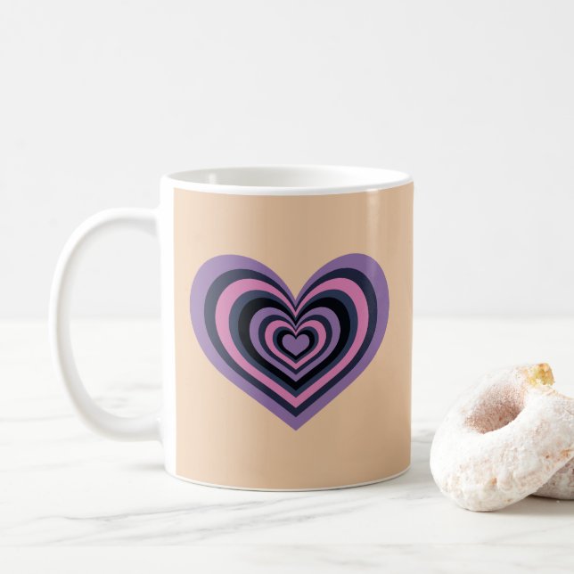 Retro Striped Heart Mug - Purple on Beige (With Donut)