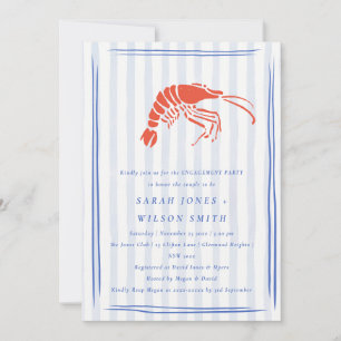 Retro Striped Red Blue Lobster Coastal Engagement Invitation