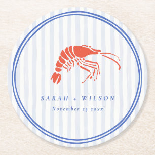 Retro Striped Red Blue Lobster Coastal Wedding Round Paper Coaster