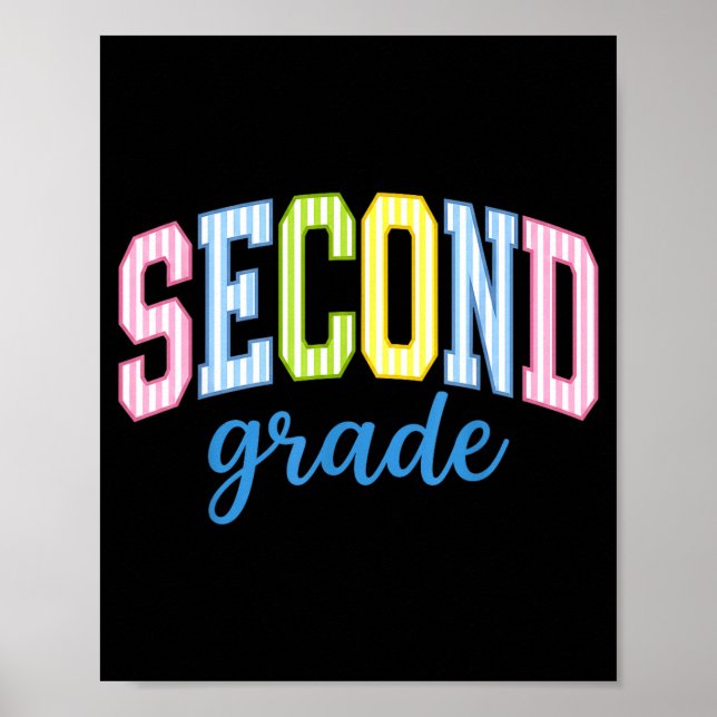 Retro striped second grade teacher rainbow back to poster (Front)