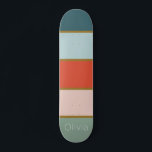 Retro striped skateboard<br><div class="desc">Retro inspired vertical striped design in tones of teal and sage with orange, soft pink and gold. Fully customisable with your name, initials or monogram.</div>