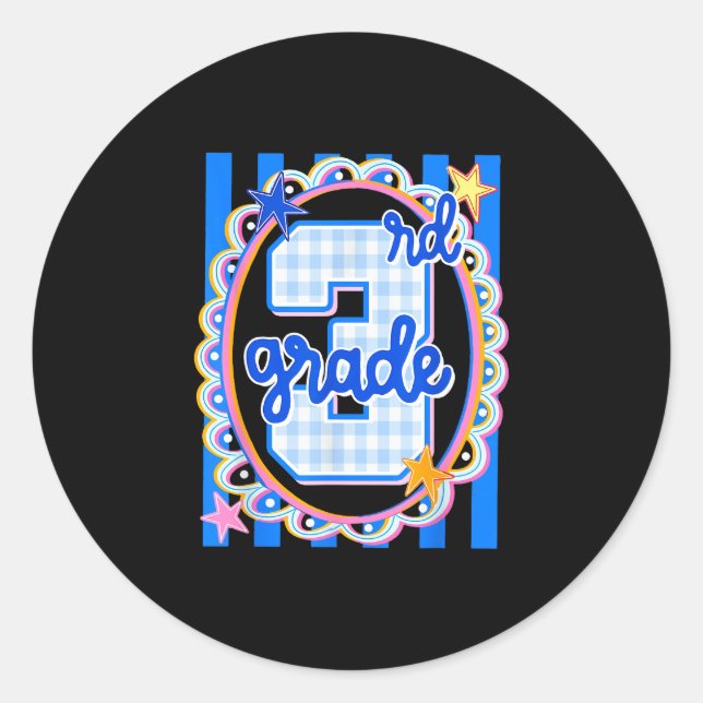 Retro striped third grade teacher 3rd grade back classic round sticker (Front)