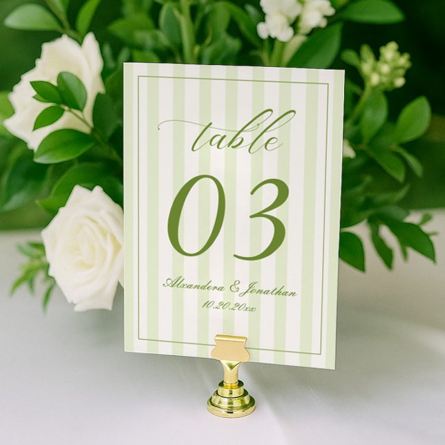 Retro Striped White and Green Wedding Table Number (Creator Uploaded)
