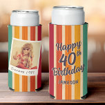 Retro Stripes 70s Disco 40th Birthday Party  Seltzer Can Cooler<br><div class="desc">This beauty's got more than just sass. Blazin' in retro fonts on a canvas of psychedelic stripes scream "Happy Birthday" and your custom name and year in rad vintage typography. On the back is space for a photo and birth year! Celebrate in style!</div>