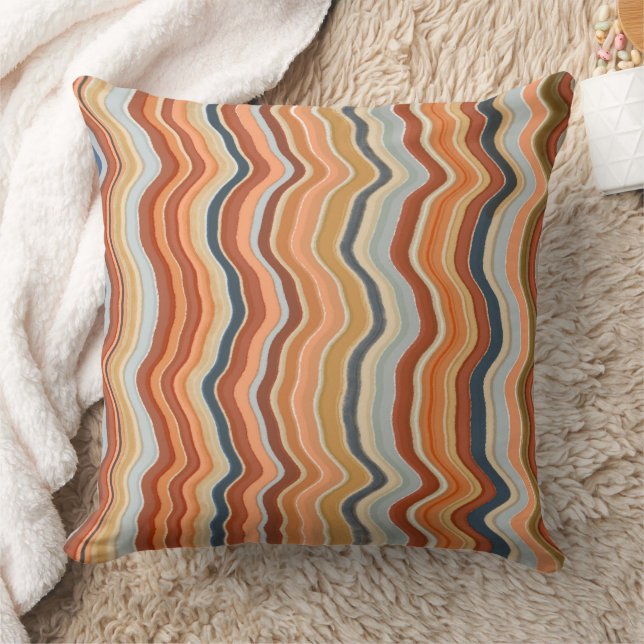Retro stripes 70s waves boho colourful orange blue cushion (Blanket)