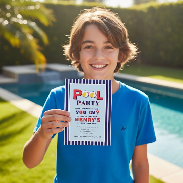 Retro Stripes Beach Ball Pool Party Invitation (Creator Uploaded)