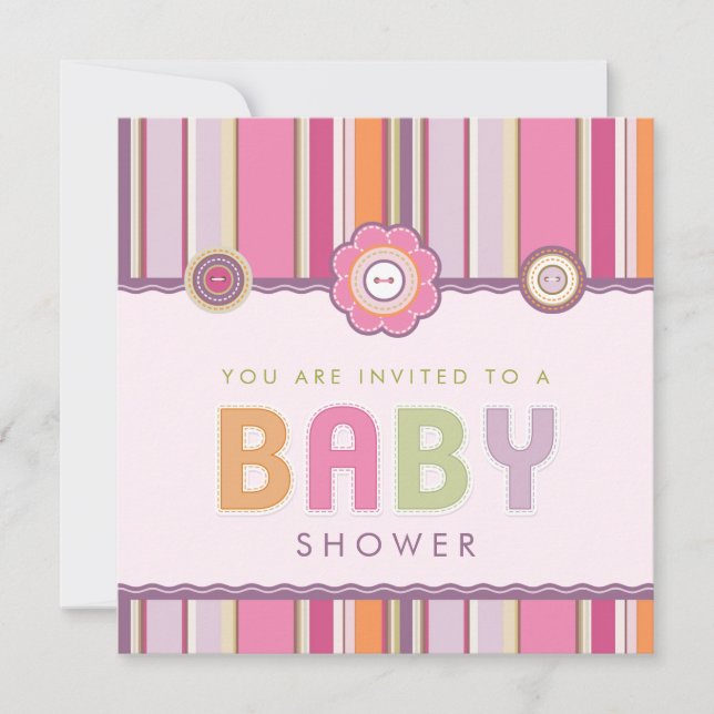 Retro Stripes Buttons Pink Baby Shower invitation (Front)