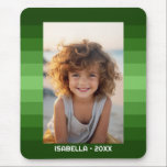 Retro Stripes - Christmas Green - Simple Photo Mouse Pad<br><div class="desc">Shades of green stripe pattern with a simple text area for a name and date. Add your favourite selfie or family snapshot. Use a photo to create this unique and personal photo gift. The background includes a retro stripe pattern with a clean, modern update. If you need to adjust the...</div>