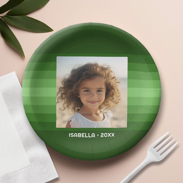 Retro Stripes - Christmas Green - Simple Photo Paper Plate (Custom Paper Plate)