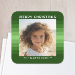 Retro Stripes - Christmas Green - Simple Photo Square Sticker<br><div class="desc">Retro green stripe pattern with a simple greeting and family signature. Add your favourite selfie or family snapshot. Use a square photo to create this unique and personal holiday greeting. A retro stripe pattern in shades of green is in the background.</div>