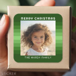 Retro Stripes - Christmas Green - Simple Photo Square Sticker<br><div class="desc">Retro green stripe pattern with a simple greeting and family signature. Add your favourite selfie or family snapshot. Use a square photo to create this unique and personal holiday greeting. A retro stripe pattern in shades of green is in the background.</div>